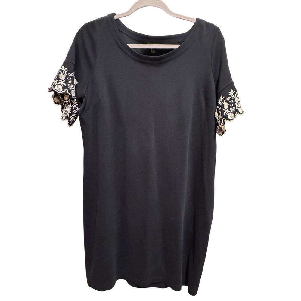 Talbots Cotton Shift Dress Navy Blue White Flower Embroidery Short Sleeve Sz Xp